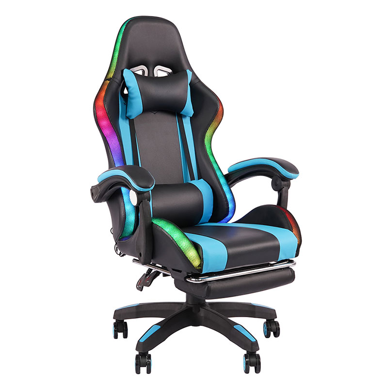 Silla de juego Led con reposabrazos ajustable para Gamer RGB giratorio profesional azul con reposapiés (Y-2442)