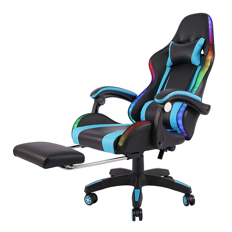 Silla de juego Led con reposabrazos ajustable para Gamer RGB giratorio profesional azul con reposapiés (Y-2442)