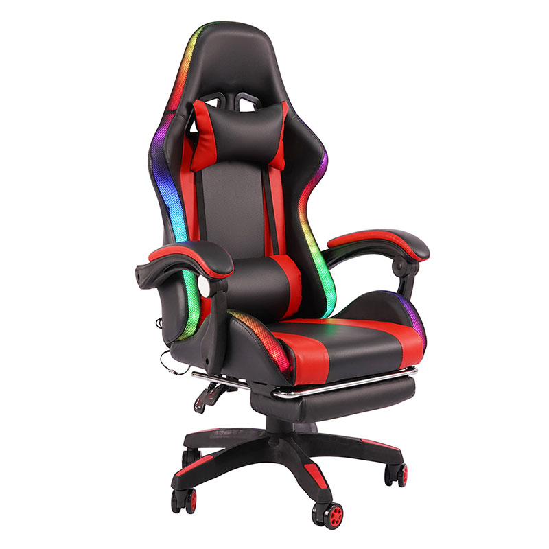 Silla de juegos Led con reposabrazos ajustable para jugadores RGB giratorio profesional rojo con reposapiés (Y-2442)