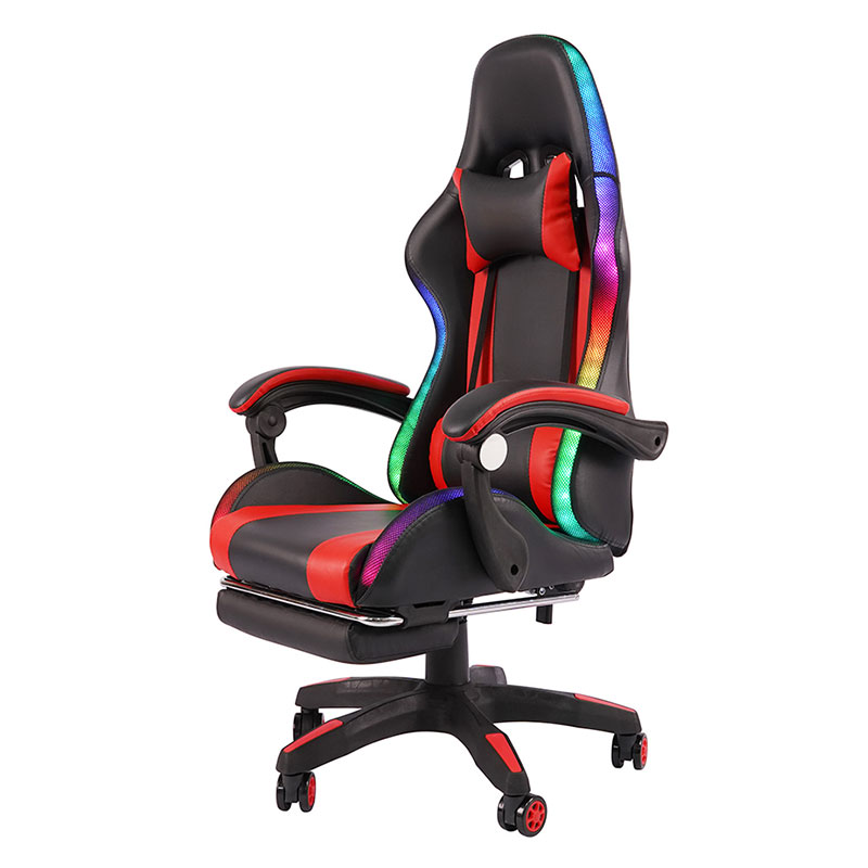 Silla de juegos Led con reposabrazos ajustable para jugadores RGB giratorio profesional rojo con reposapiés (Y-2442)