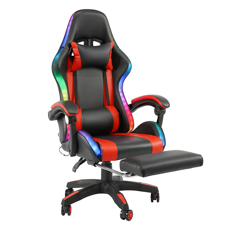 Silla de juegos Led con reposabrazos ajustable para jugadores RGB giratorio profesional rojo con reposapiés (Y-2442)