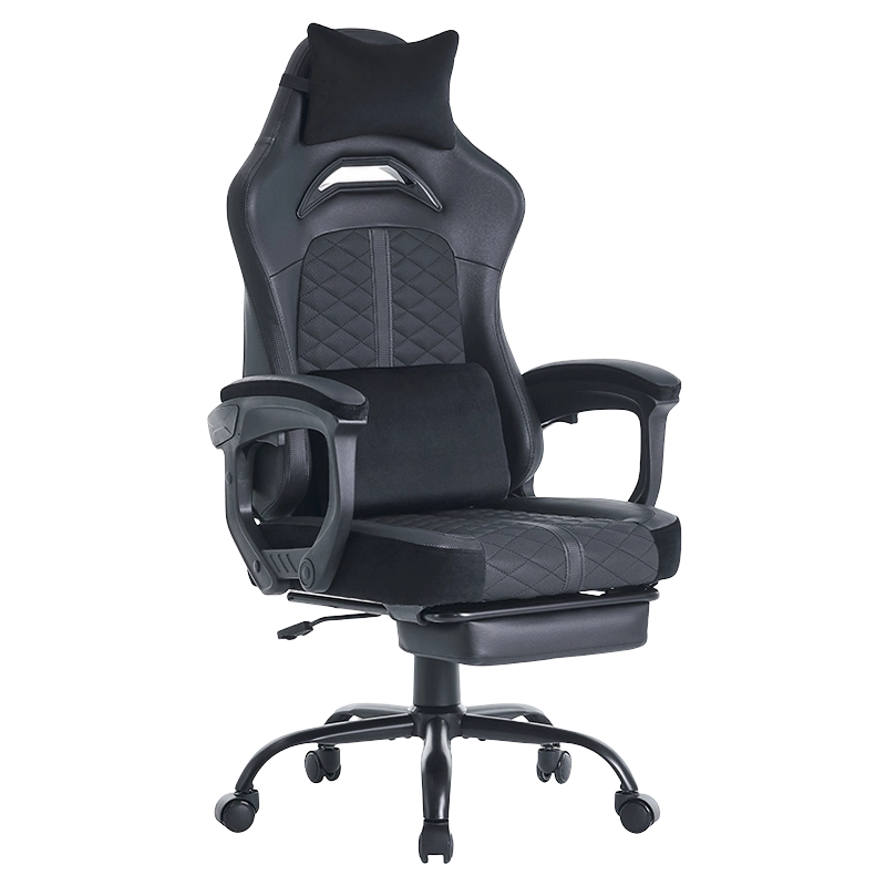 Silla ergonómica para juegos con soporte lumbar reclinable para juegos con tumbona ergonómica de cuero ajustable negra con reposapiés (T-7138)