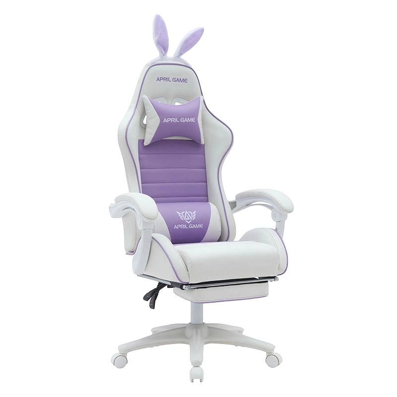 Silla de juego para niña, Silla de cuero sintético, giratoria 360, PVC, PU, cómoda, reclinable, bonita, blanca y morada, para jugador de carreras (T-7114B)
